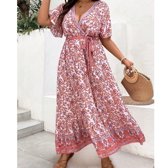 Plus Floral Print Belted Butterfly Sleeve Maxi Dress - Picture 1 of 7